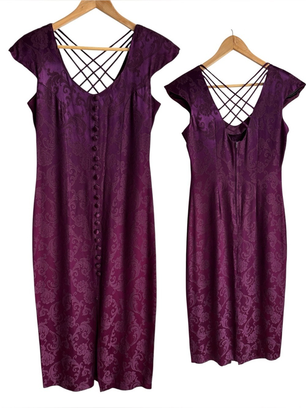 Vintage Plum Purple Jacquard Midi Dress Sz M Gothic Lattice Back Button Front